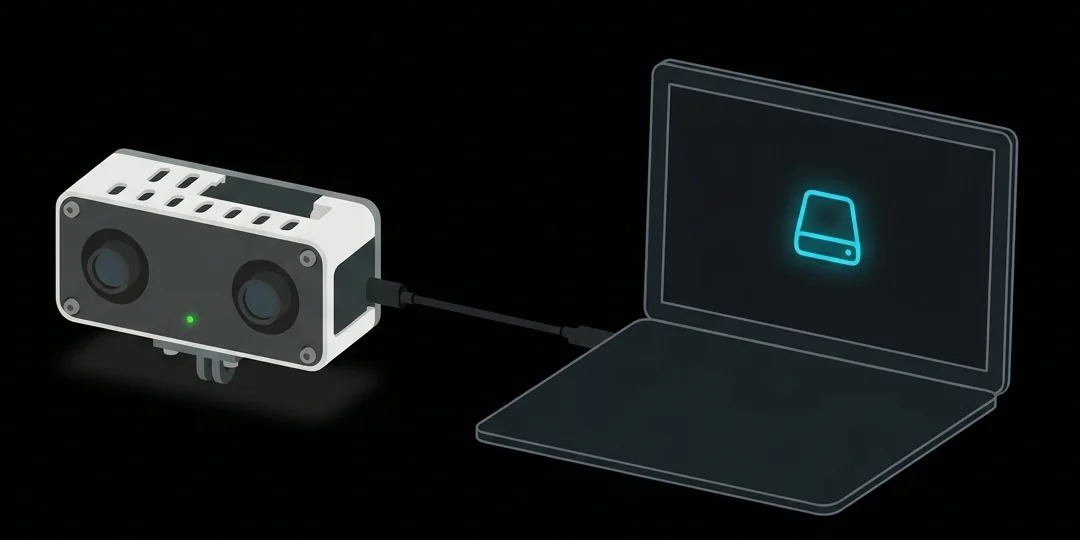 The recorder connected to a laptop showing a drive icon
