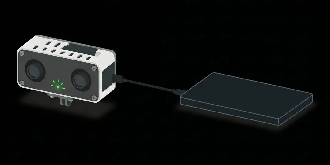 The recorder connected by its USB-C cable to a power bank, green light blinking